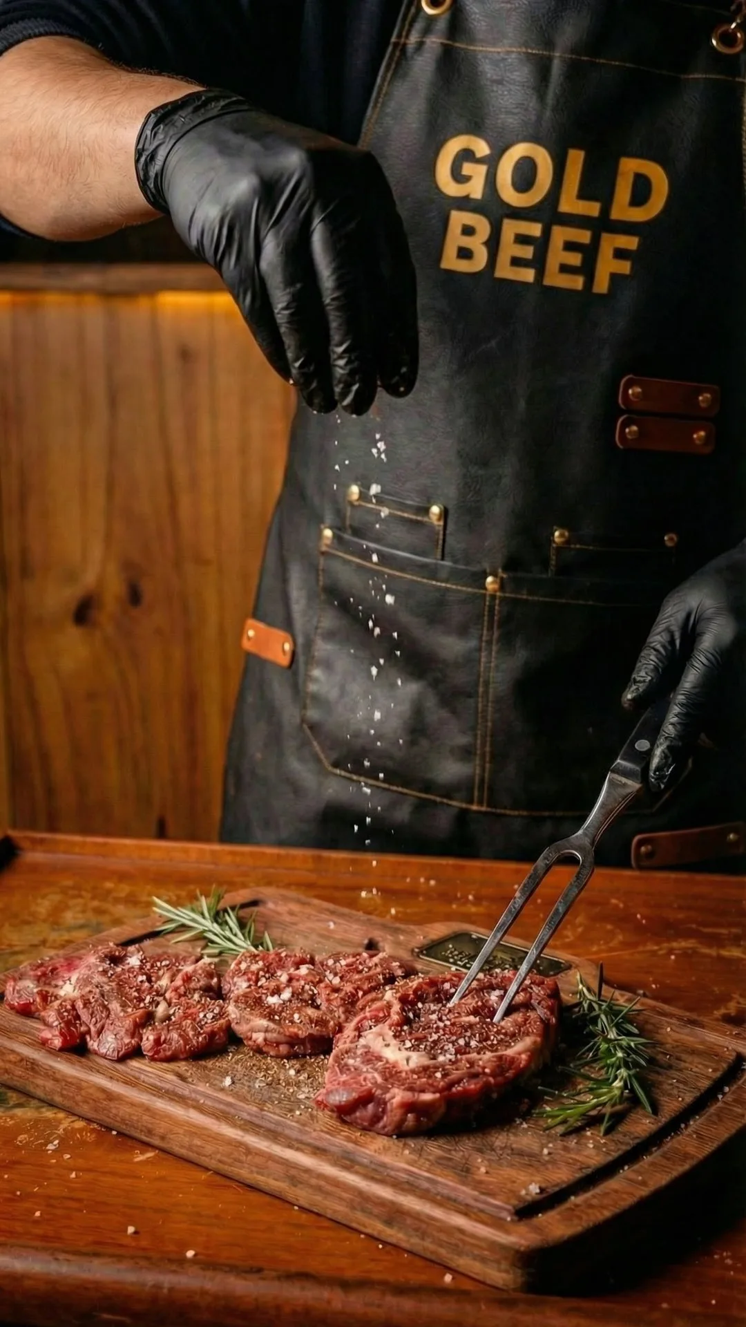 Chef Gold Beef assaisonnant la viande